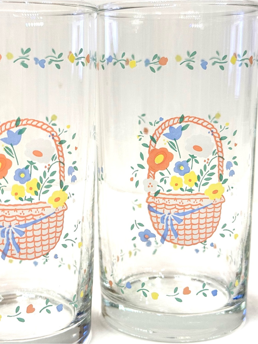 Vintage Floral Basket Drinking Glasses Set of 4 Cottagecore 5”